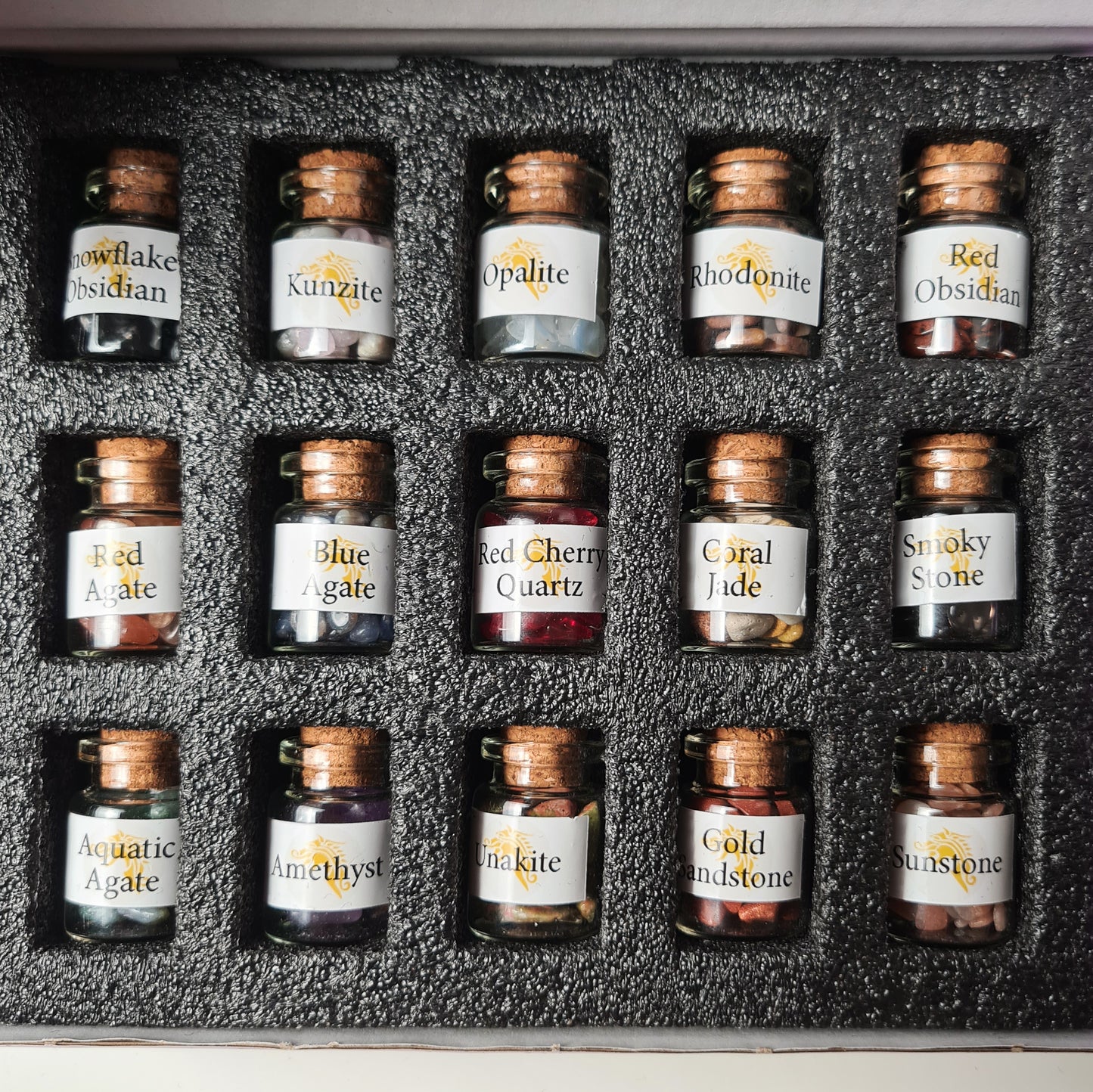 Healing Crystals, Ritual and Witchcraft, set of 15 small bottles