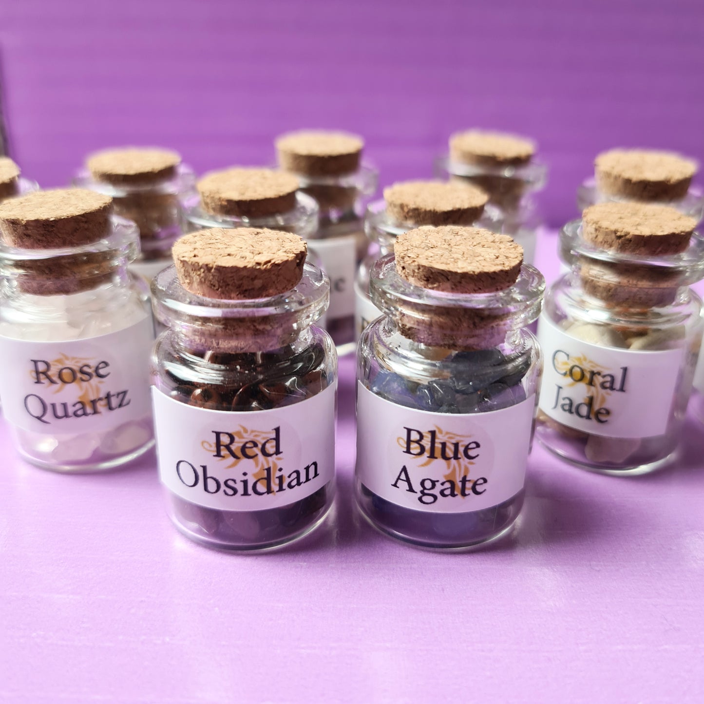 Healing Crystals, Ritual and Witchcraft, set of 15 small bottles