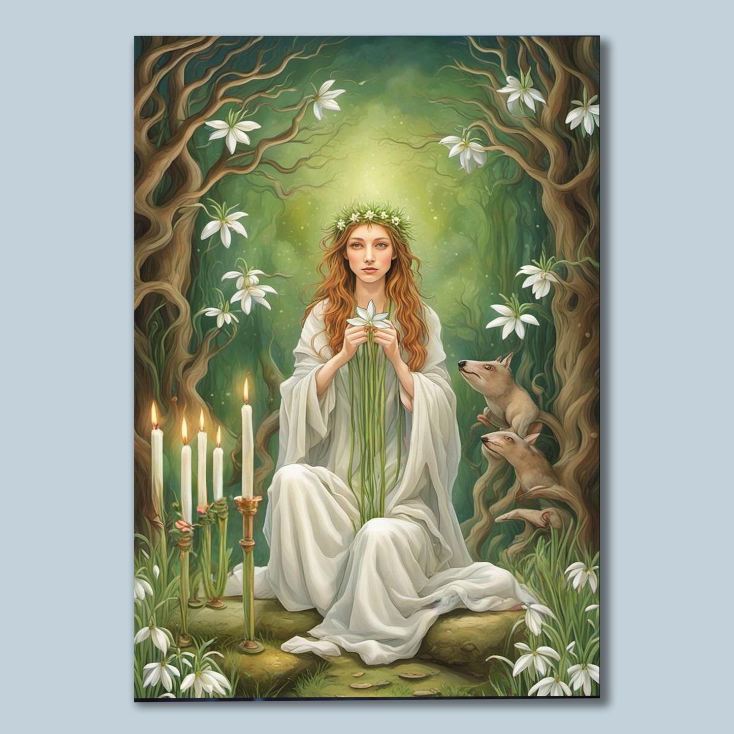 Imbolc Greetings Card – Brigid amongst Snowdrops