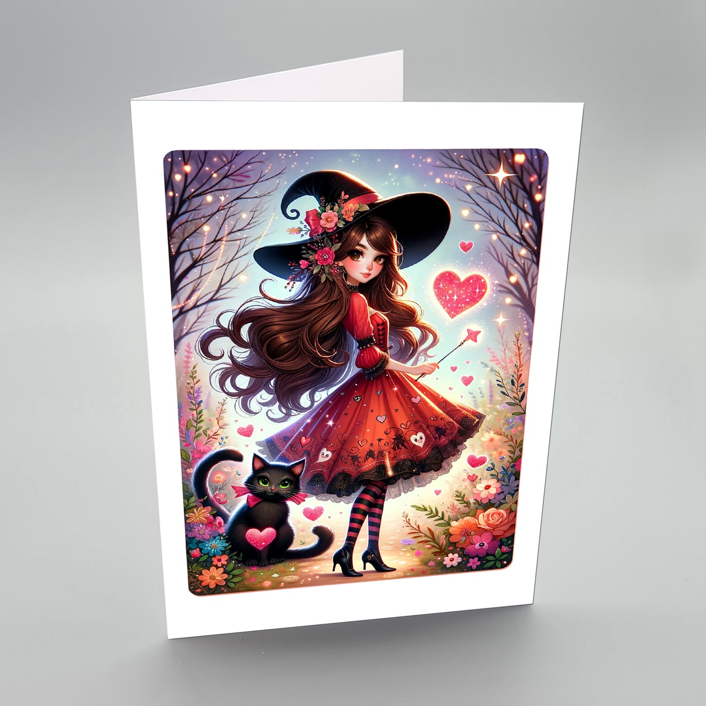 Valentines Card  – Young Witch with her Black Cat