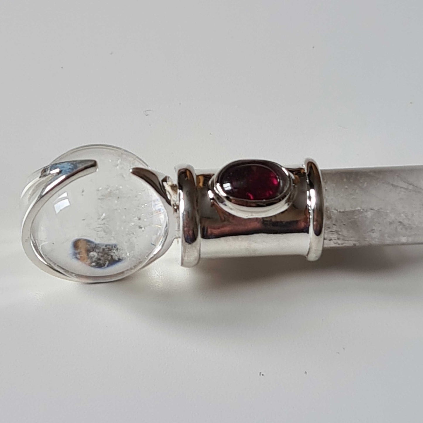 Quartz Crystal Wand with Garnet Accent Stone