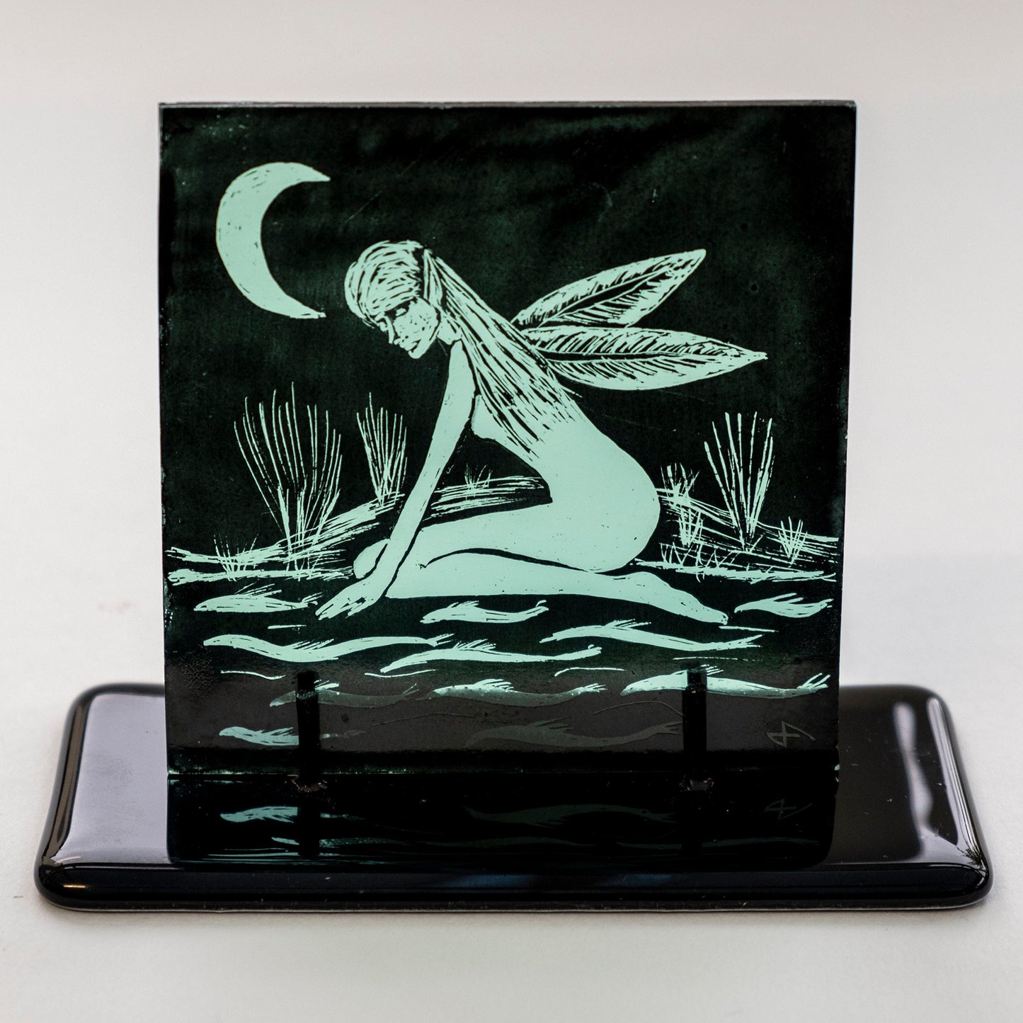 Painted green art glass panel with stand, handmade in UK