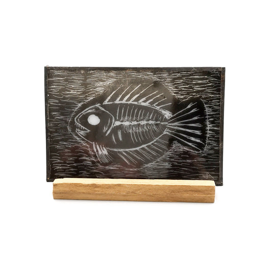 Extinct fossil fish glass display panel, art glass, handmade in the UK