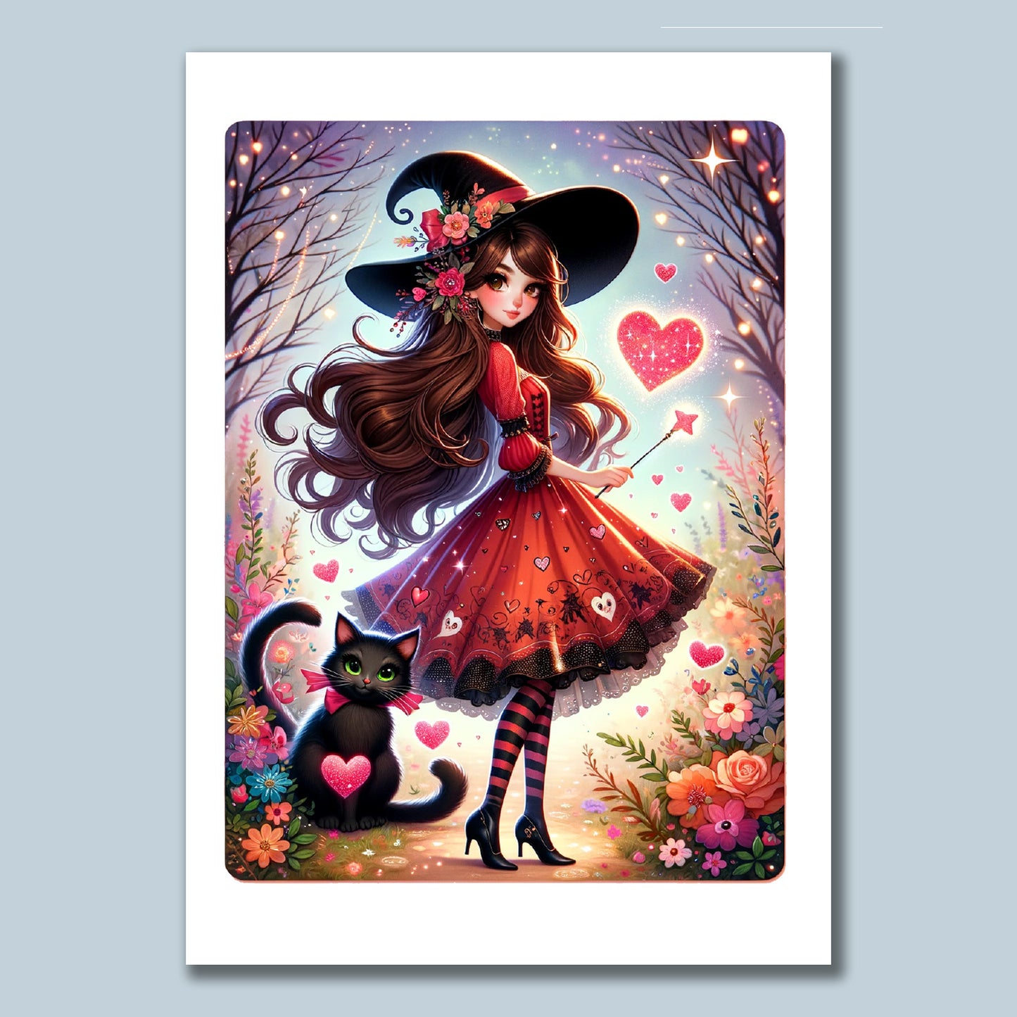 Valentines Card  – Young Witch with her Black Cat