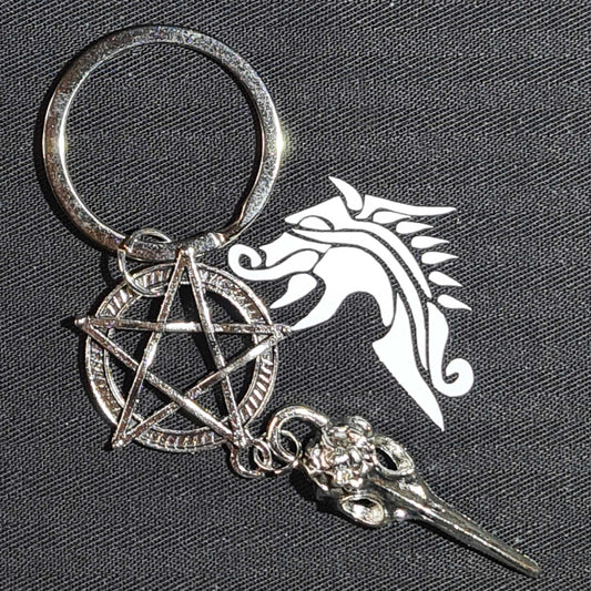 Birdskull and Pentagram Keyring with Key Pouch - Unique Witchy Gift