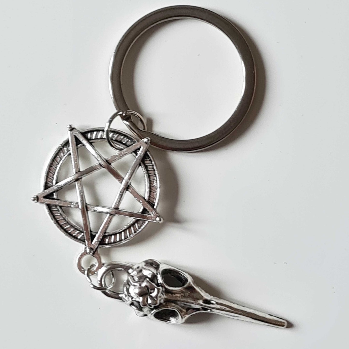 Birdskull and Pentagram Keyring with Key Pouch - Unique Witchy Gift