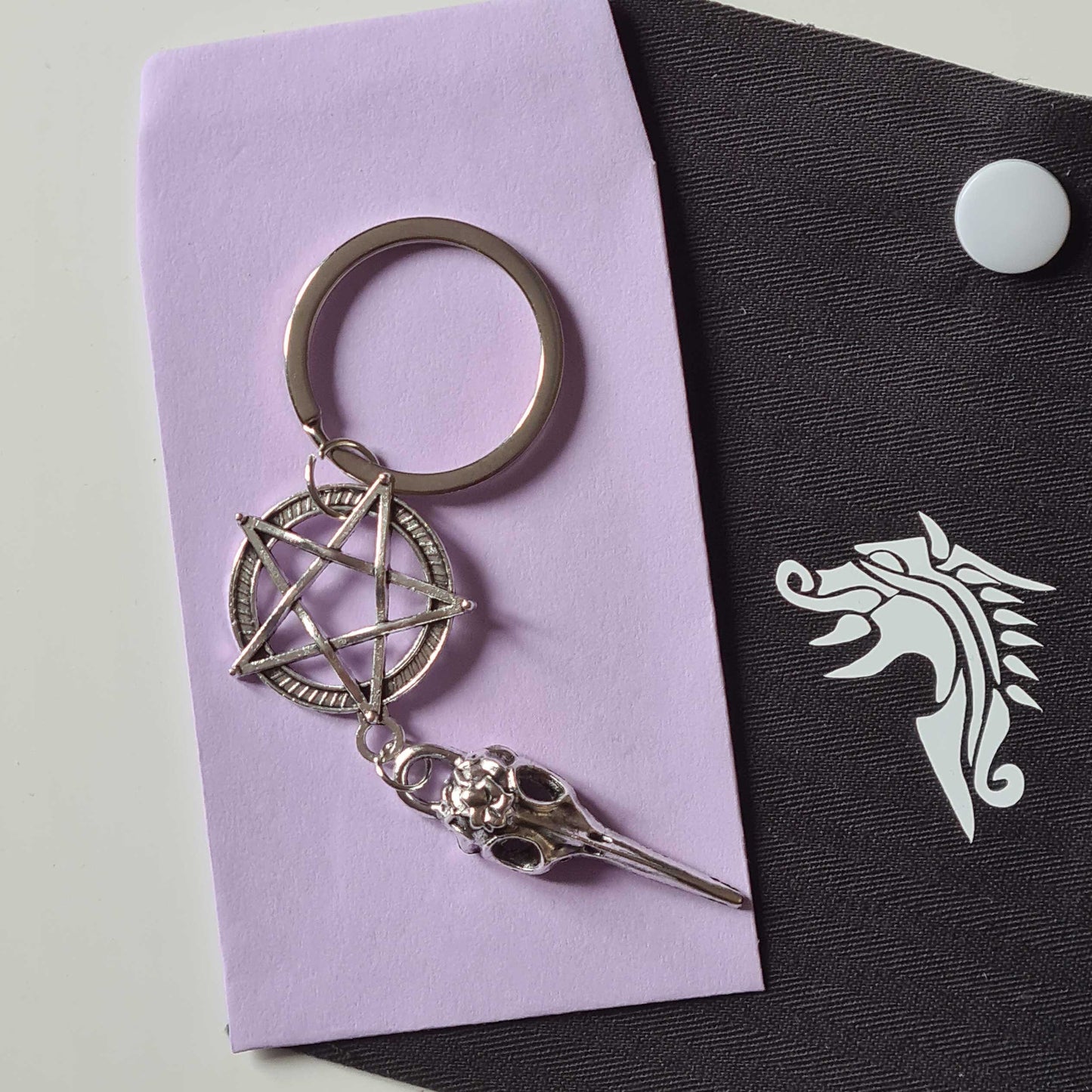 Birdskull and Pentagram Keyring with Key Pouch - Unique Witchy Gift